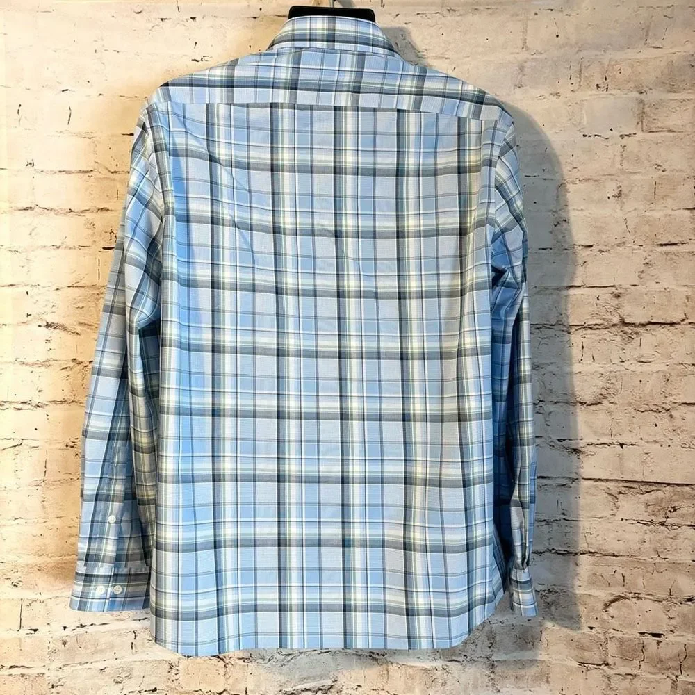 Michael Kors Airsoft Stretch Regular Fit Long Sleeve Button Down Blue Plaid Mens